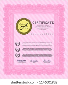 Pink Certificate of achievement template. Printer friendly. Money design. Customizable, Easy to edit and change colors. 