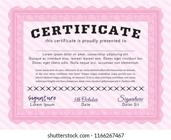 Pink Certificate of achievement template. Printer friendly. Vector illustration. Money Pattern design. 