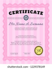 Pink Certificate of achievement template. Printer friendly. Detailed. Beauty design. 