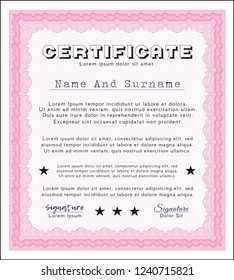 Pink Certificate of achievement template. Printer friendly. Vector illustration. Money design. 