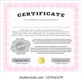 Pink Certificate of achievement template. Printer friendly. Money design. Detailed. 