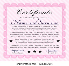 Pink Certificate of achievement template. Printer friendly. Customizable, Easy to edit and change colors. Money style design. 