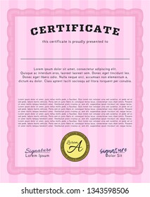 Pink Certificate of achievement template. Printer friendly. Money Pattern design. Vector illustration. 