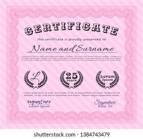 Pink Certificate of achievement template. Printer friendly. Vector illustration. Excellent design. 