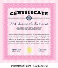 Pink Certificate of achievement template. Printer friendly. Money design. Detailed. 