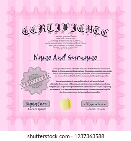 Pink Certificate of achievement template. Retro design. Printer friendly. Customizable, Easy to edit and change colors. 