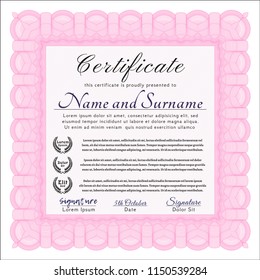 Pink Certificate of achievement template. Sophisticated design. With guilloche pattern and background. Customizable, Easy to edit and change colors. 