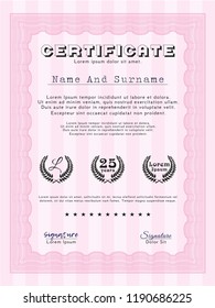 Pink Certificate of achievement template. Superior design. With complex linear background. Vector illustration. 