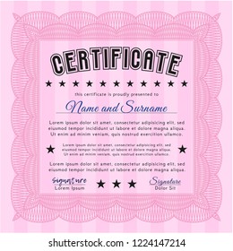 Pink Certificate of achievement template. Superior design. Detailed. Printer friendly. 