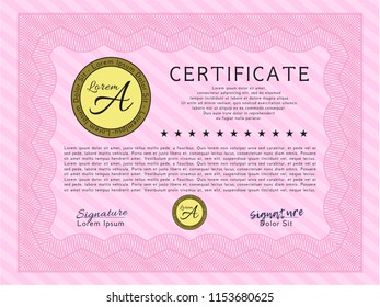 Pink Certificate of achievement template. Vector illustration. With great quality guilloche pattern. Perfect design. 