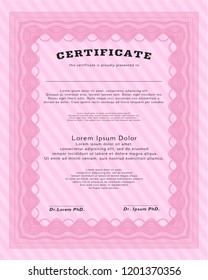 Pink Certificate of achievement template. Vector illustration. With complex linear background. Elegant design. 