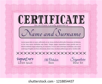 Pink Certificate of achievement template. Vector illustration. With complex background. Excellent design. 