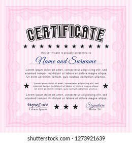Pink Certificate of achievement template. Vector illustration. Complex background. Perfect design. 
