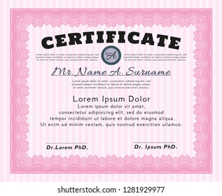 Pink Certificate of achievement template. Vector illustration. With great quality guilloche pattern. Modern design. 