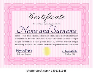 Pink Certificate of achievement template. Vector illustration. With complex linear background. Good design. 