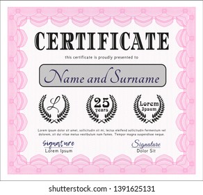Pink Certificate of achievement template. Vector illustration. With linear background. Sophisticated design. 