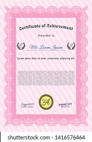 Pink Certificate of achievement template. Vector illustration. With guilloche pattern. Money style design. 