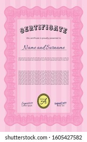 Pink Certificate of achievement template. Vector illustration. With background. Superior design. 
