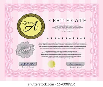 Pink Certificate of achievement template. Vector illustration. With background. Money style design. 
