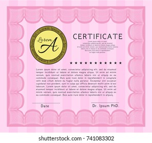 Pink Certificate of achievement template. Vector illustration. With complex background. Perfect design. 
