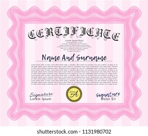 Pink Certificate of achievement. Vector illustration. Complex background. Superior design. 