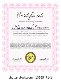 Pink Certificate of achievement. Vector illustration. With complex background. Elegant design. 