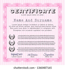 Pink Certificate of achievement. Vector illustration. Complex background. Modern design. 