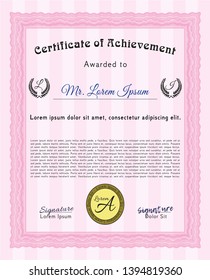 Pink Certificate of achievement. Vector illustration. With linear background. Cordial design. 