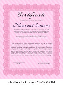 Pink Certificate. Artistry design. Customizable, Easy to edit and change colors. With complex linear background. 