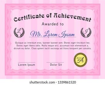 Pink Certificate. Artistry design. Vector illustration. Complex background. 