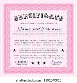 Pink Certificate. Beauty design. With guilloche pattern. Detailed. 