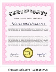 Pink Certificate. Beauty design. Printer friendly. Vector illustration. 