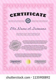 Pink Certificate. With complex background. Detailed. Money design. 