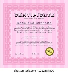 Pink Certificate. Complex background. Detailed. Money style design. 