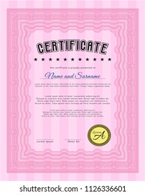 Pink Certificate. With complex background. Money Pattern design. Vector illustration. 