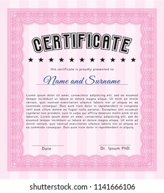 Pink Certificate. With complex background. Money design. Vector illustration. 