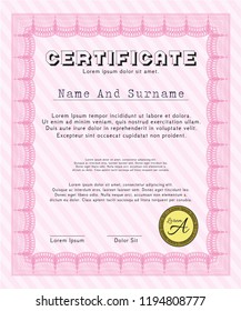 Pink Certificate. With complex background. Sophisticated design. Detailed. 
