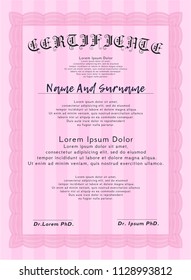 Pink Certificate. Complex background. Vector illustration. Money Pattern. 