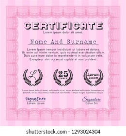 Pink Certificate. Complex background. Vector illustration. Money Pattern design. 