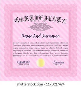 Pink Certificate. With complex linear background. Money Pattern. Vector illustration. 