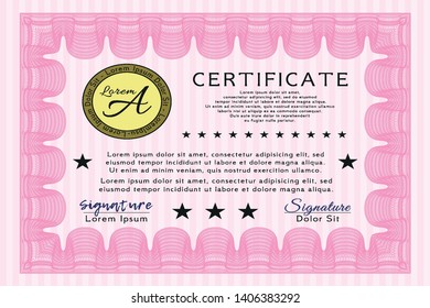 Pink Certificate. With complex linear background. Money Pattern. Vector illustration. 