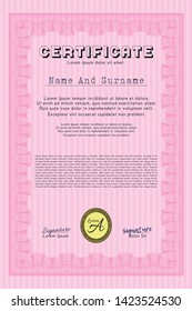 Pink Certificate. With complex linear background. Detailed. Nice design. 