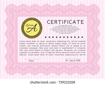 Pink Certificate. Cordial design. With background. Vector illustration. 