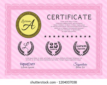 Pink Certificate. Customizable, Easy to edit and change colors. With complex background. Money Pattern design. 