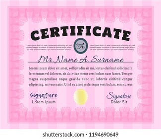 Pink Certificate. Detailed. With complex background. Artistry design. 