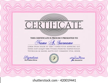 Pink Certificate. Detailed. Complex design. Printer friendly. 
