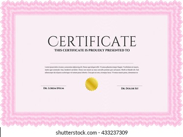 Pink Certificate. Detailed. Complex design. Printer friendly. 