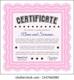 Pink Certificate. Detailed. With complex linear background. Retro design. 