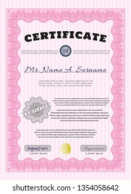 Pink Certificate. Detailed. With linear background. Money style design. 