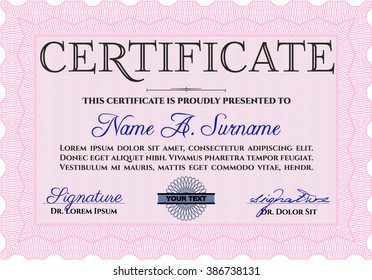 Pink Certificate. Detailed. Printer friendly. Complex design. 